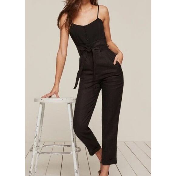 Reformation 0 fulton black button paper bag pants jumpsuit